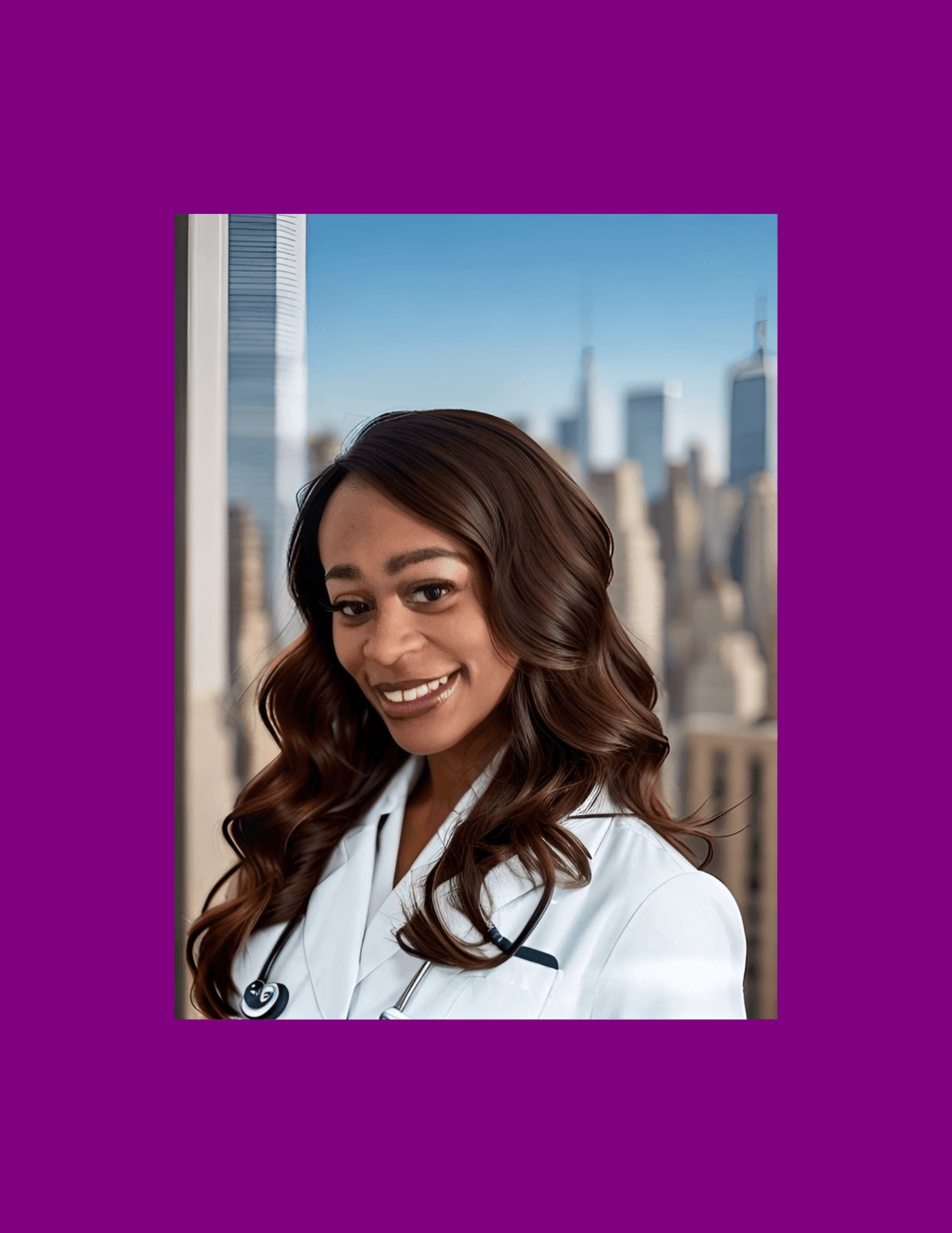 Smiling woman doctor with stethoscope, skyscrapers in the background, on purple backdrop.